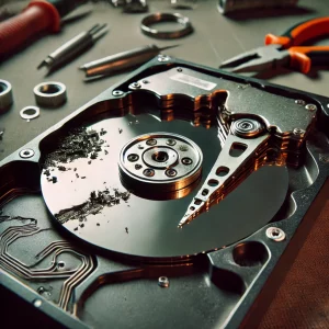Poškozená čtecí-zapisovací hlava HDD – Detailní pohled na poškozenou hlavu pevného disku. Hlava je zlomená nebo ohnutá, s opotřebením a škrábanci, na pozadí jsou viditelné škrábance na plotně disku, technické prostředí dílny s nástroji a náhradními díly.