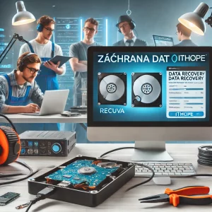 Externí pevný disk připojený k jinému počítači s otevřeným softwarem pro obnovu dat. V pozadí pracují odborníci v technickém opravárenském prostředí. Na obrázku je text "Záchrana dat" a "ITHOPE".