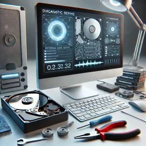 Externí pevný disk připojený k počítači s otevřeným diagnostickým softwarem na obrazovce.